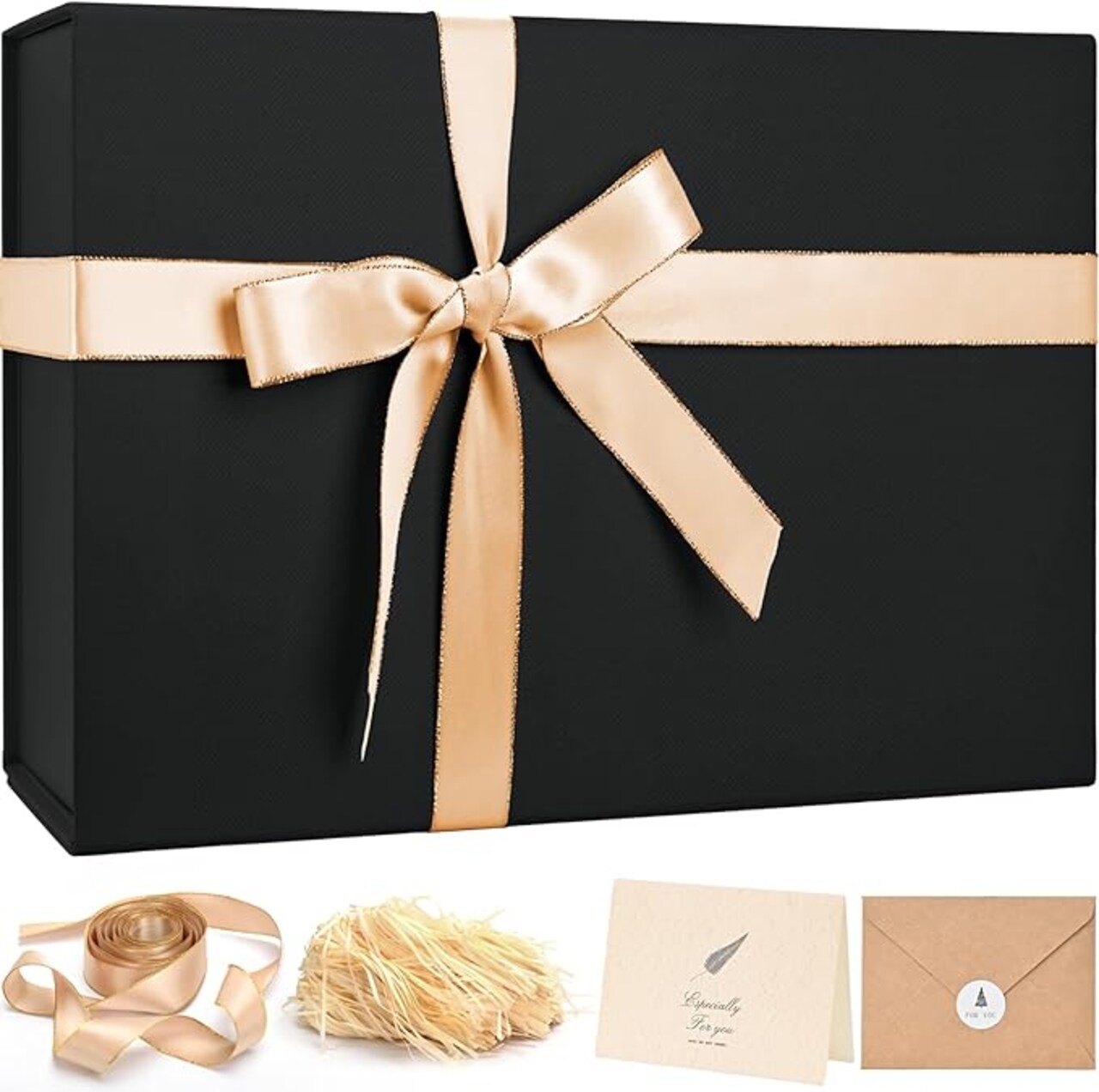 Large Gift Box 14"x8.5"x4.5" Birthday Gift Boxes for Presents for Anniversary Wedding Birthday,Black Gift boxes with Ribbon,Shredded Filler,Card